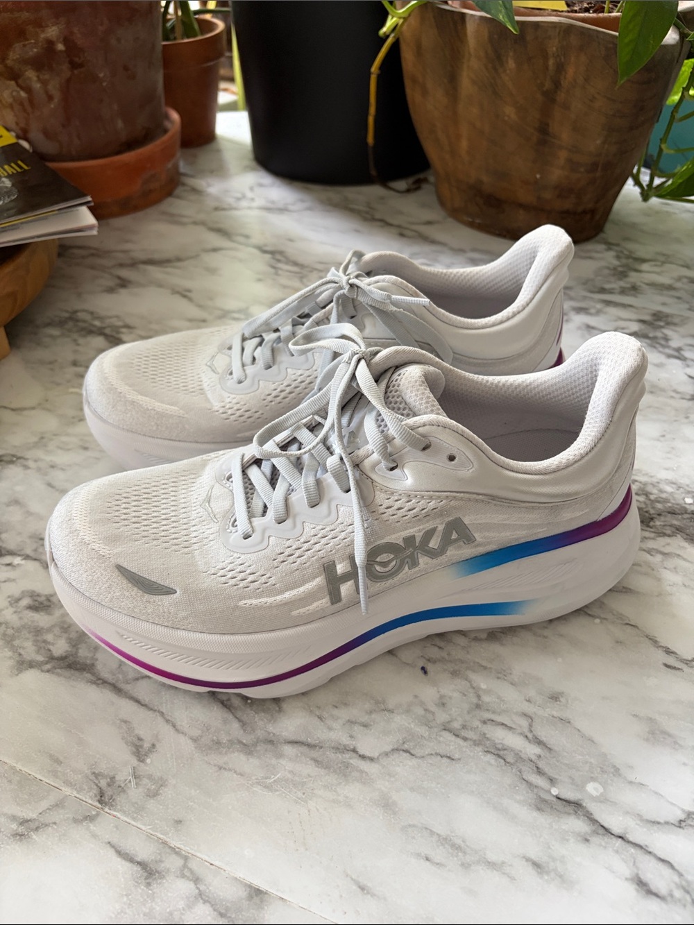 Hoka W Bondi 9 White Running Shoes with Blue & Purple Accents